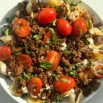 urkish-Inspired Trio: Pasta with Seasoned Meat, Garlic Yogurt, and Paprika Butter